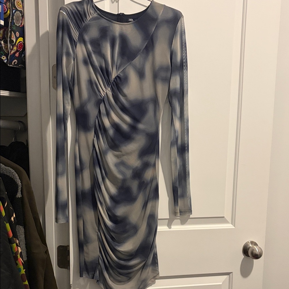 Elegant Blue and White Tie-Dye Dress Zara Y2K
